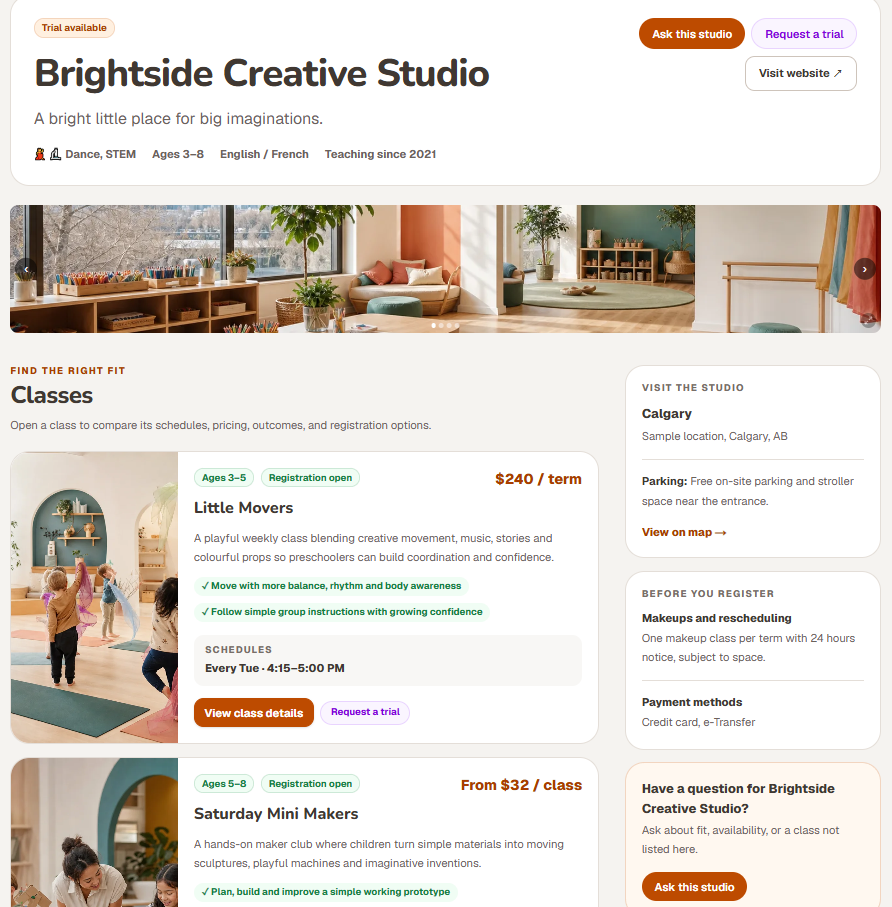 LekkerKids studio page bringing a local provider’s programs, age ranges, location, and details together.