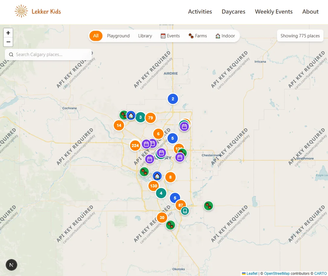 Version 1: a full-screen Calgary map with clustered activity markers and category filters.